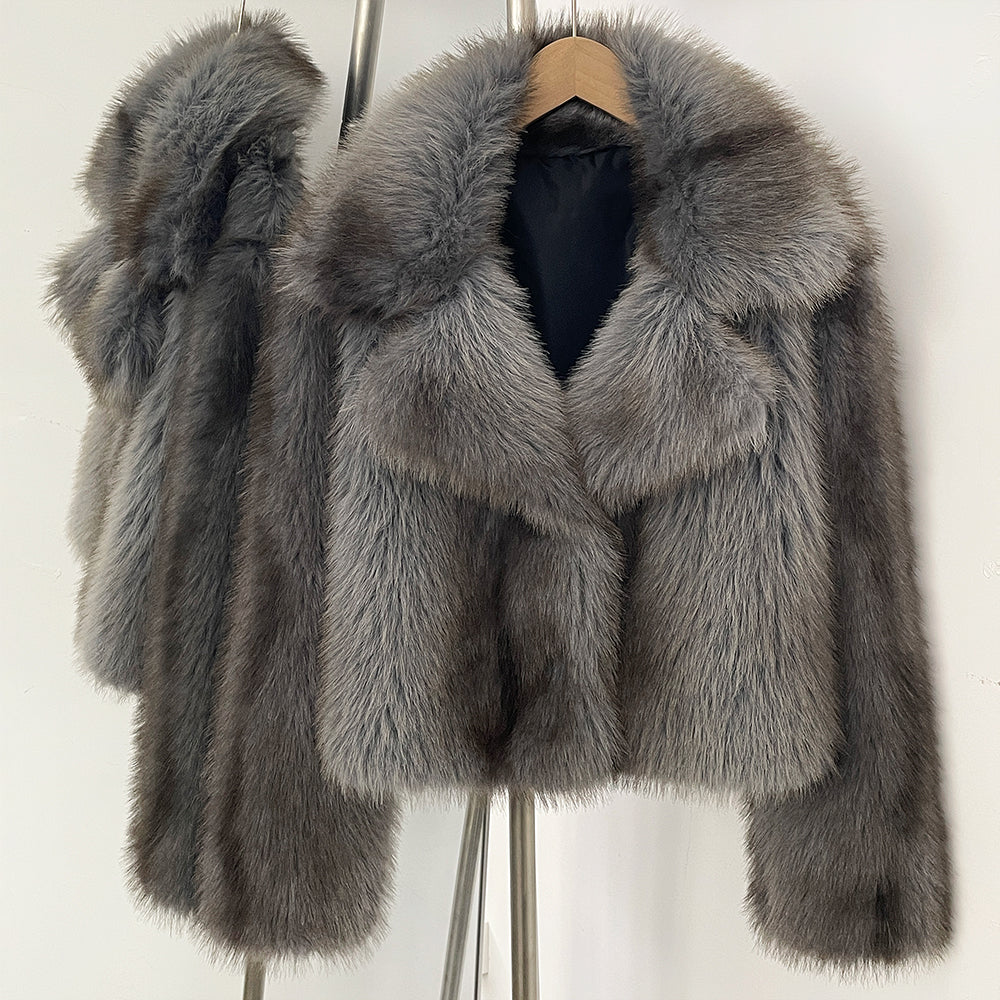 Urban chic dark grey short faux fur jacket for winter styling