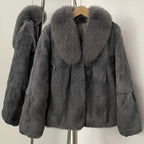 OFTBUY Natural Rabbit Fur Coat Female New Thickened Warm Top Clothing Women Fashion Fluffy Real Fox Fur Collar Jacket Lady
