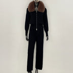 OFTBUY Winter New Women's Knitted Tracksuit Set with Fox Fur Collar Zipper Jacket Wide Leg Pants Luxury Casual Two-Piece Outfit