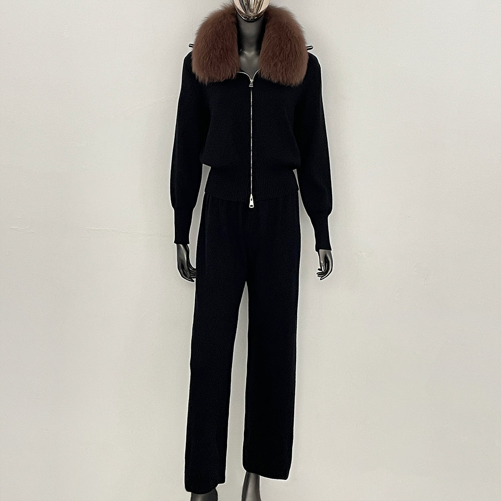 OFTBUY Winter New Women's Knitted Tracksuit Set with Fox Fur Collar Zipper Jacket Wide Leg Pants Luxury Casual Two-Piece Outfit