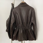 OFTBUY New Women's Faux Leather Jacket Lapel Collar Zipper Elastic Waist Pockets Elegant Fashion Outerwear Vintage Coat Female