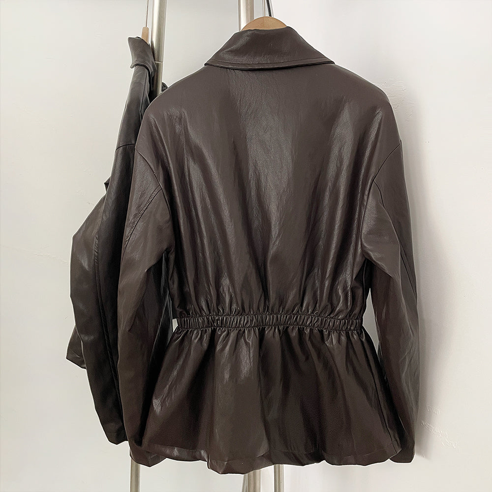 OFTBUY New Women's Faux Leather Jacket Lapel Collar Zipper Elastic Waist Pockets Elegant Fashion Outerwear Vintage Coat Female