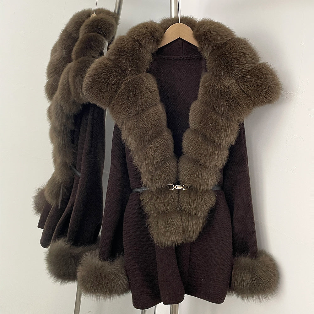 OFTBUY Belt Loose Fit Warm Winter Fashion Outerwear Natural Fur Sweater Female New Women's Knit Coat with Large Real Fox Fur