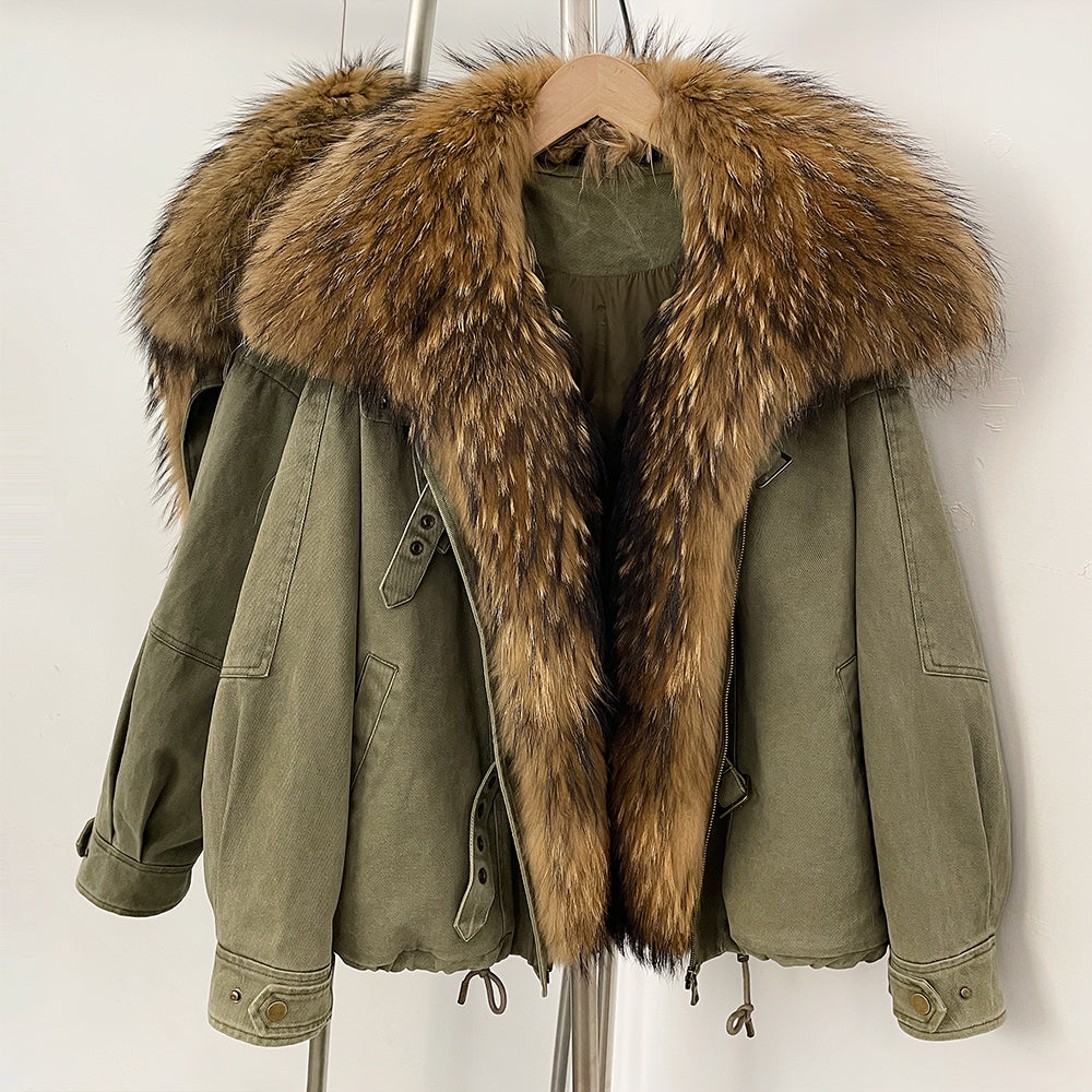 OFTBUY Loose Real Fox Fur Puffer Jacket Lady 100% Cotton Natural Fur Duck Down Coat Female New Winter Thick Warm Clothes Women