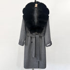 OFTBUY Winter Jacket Women Woolen Blends Coat Natural Real Fox Fur Collar Belt Loose Outerwear Casual Outerwear Streetwear