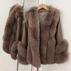 OFTBUY Women's Real Fox Fur Coat with Genuine Leather Sleeves Luxury Natural Fur Jacket Female New Warm Winter Clother Outerwear
