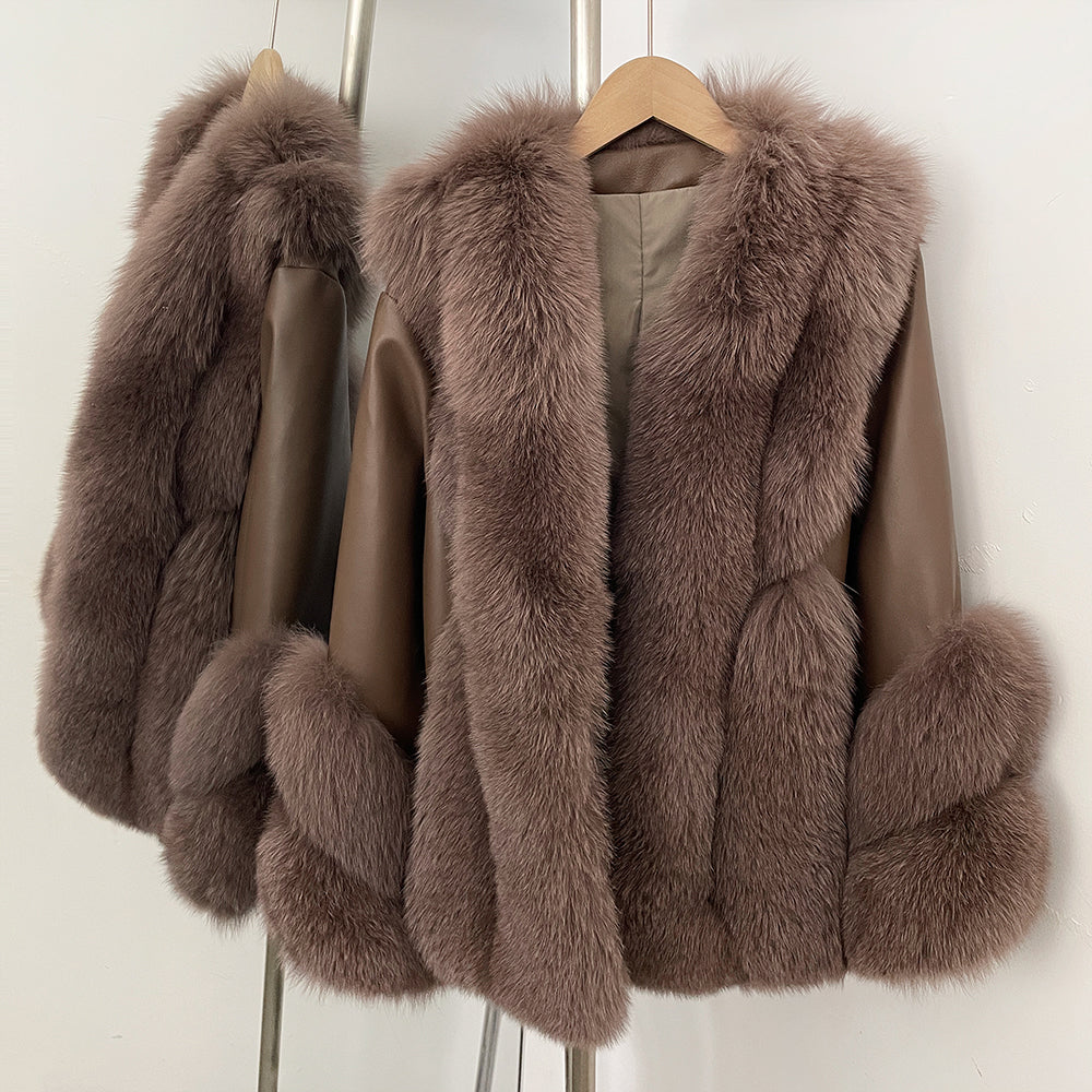 OFTBUY Women's Real Fox Fur Coat with Genuine Leather Sleeves Luxury Natural Fur Jacket Female New Warm Winter Clother Outerwear