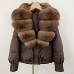 OFTBUY Luxury 90% Duck Down Puffer Jacket with Oversized Real Fox Fur Collar - Short Tiered Winter Coat