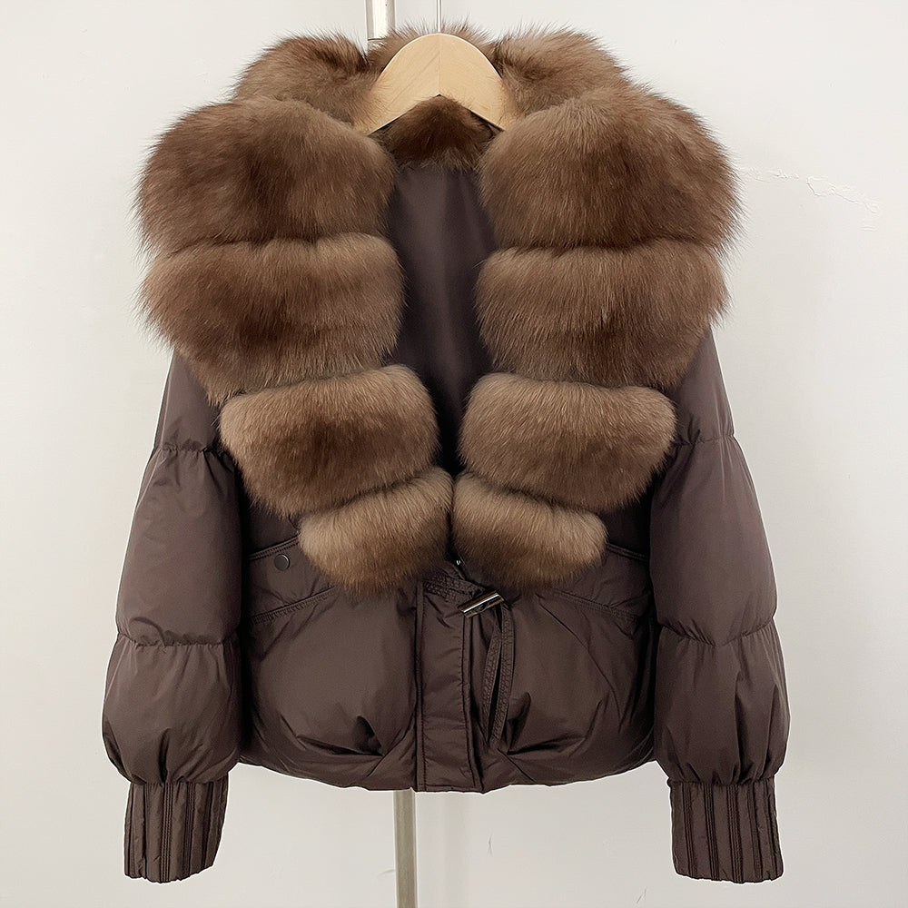 OFTBUY Luxury 90% Duck Down Puffer Jacket with Oversized Real Fox Fur Collar - Short Tiered Winter Coat