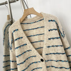OFTBUY Stripe V-neck Real Fur Trim Sweater Coat Women New Spring Autumn Top Clothing Female Knitted Cardigans with Real Fox Fur