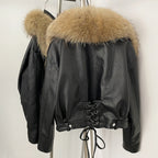 OFTBUY Women's Black Faux Leather Moto Jacket with Real Fox Fur Collar PU Leather Cropped Biker Coat Female New Winter Outerwear