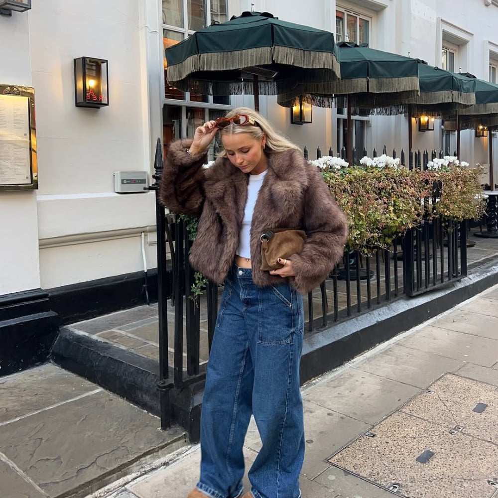 OFTBUY Autumn Winter Clothes Women Fashion Short Faux Fur Jacket Suit Collar Fake Fur Coat Long Sleeve Artificial Fox Fur Overcoat