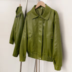 OFTBUY New Autumn Green Faux Leather Jacket Women Loose Long Sleeve Elastic Hem Biker Coat Female PU Leather Overcoat Outerwear