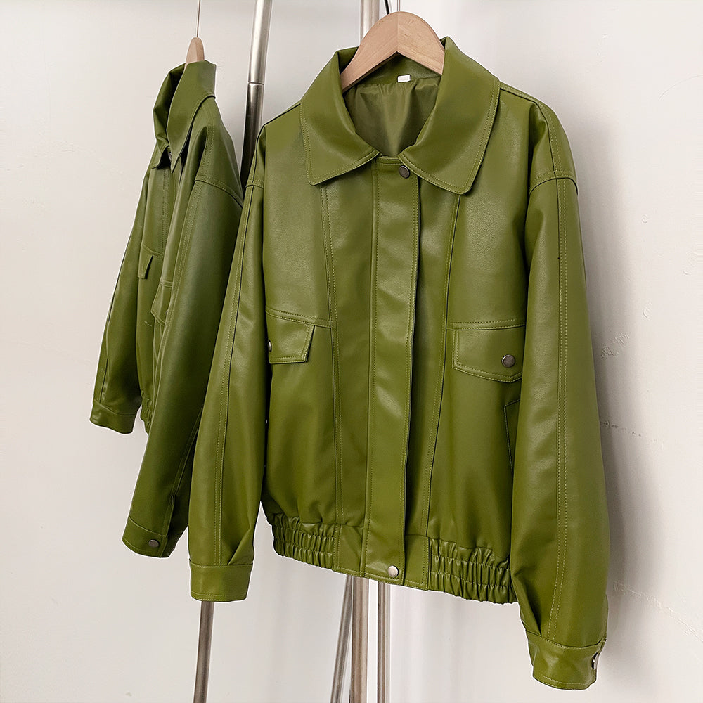 OFTBUY New Autumn Green Faux Leather Jacket Women Loose Long Sleeve Elastic Hem Biker Coat Female PU Leather Overcoat Outerwear