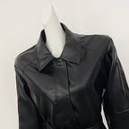 OFTBUY New Women's Lapel Collar Button Faux Leather Jacket Belted Waist Tailored Fit Detail Elegant Fashion Outerwear Female
