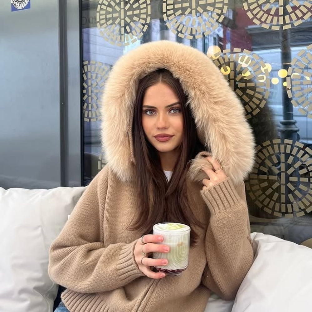 OFTBUY Luxury Knitted Zip-Up Hoodie with Oversized Real Fox Fur Hood - Premium Apres-Ski Luxe Loungewear