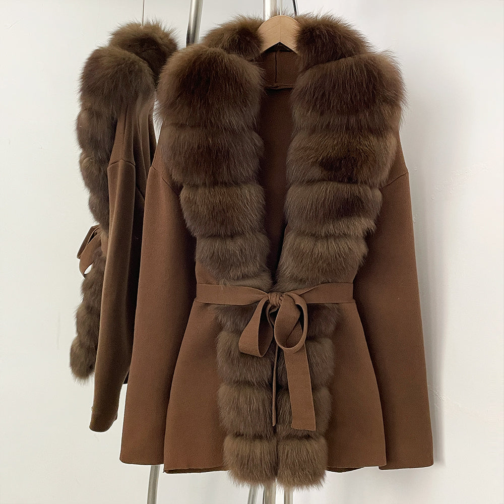 OFTBUY Luxury Warm Winter Fashion Outerwear New Women's Knit Cardigan with Oversized Real Fox Fur Trim Self-Tie Belt Sweater