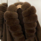 OFTBUY New Autumn Winter Clothes Women Belt Natural Fur Collar Woolen Jacket Long Big Fox Fur Pinnacle 100% Wool Coat Female