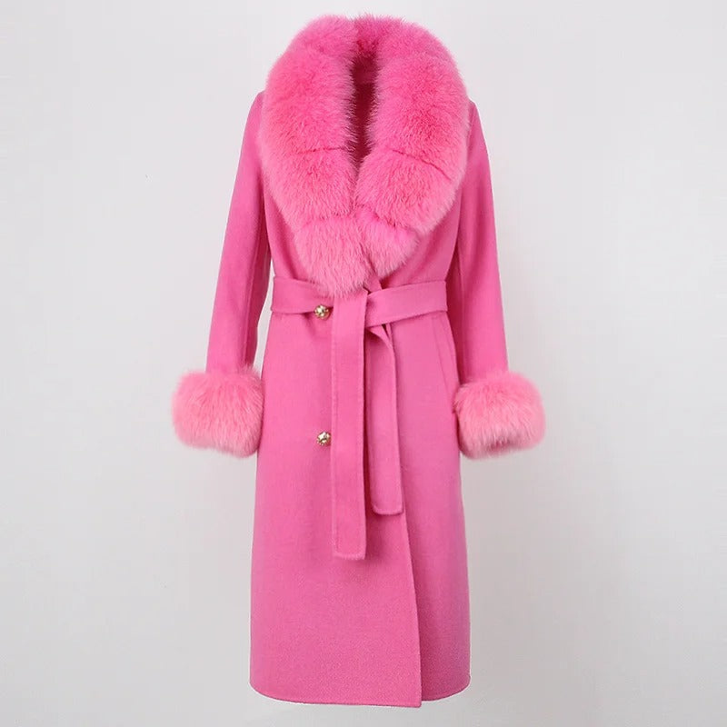 OFTBUY Winter Jacket Women Long Natural Wool Blends Cashmere Real Fur Coat Double Breasted Belt Warm Streetwear New Fashion