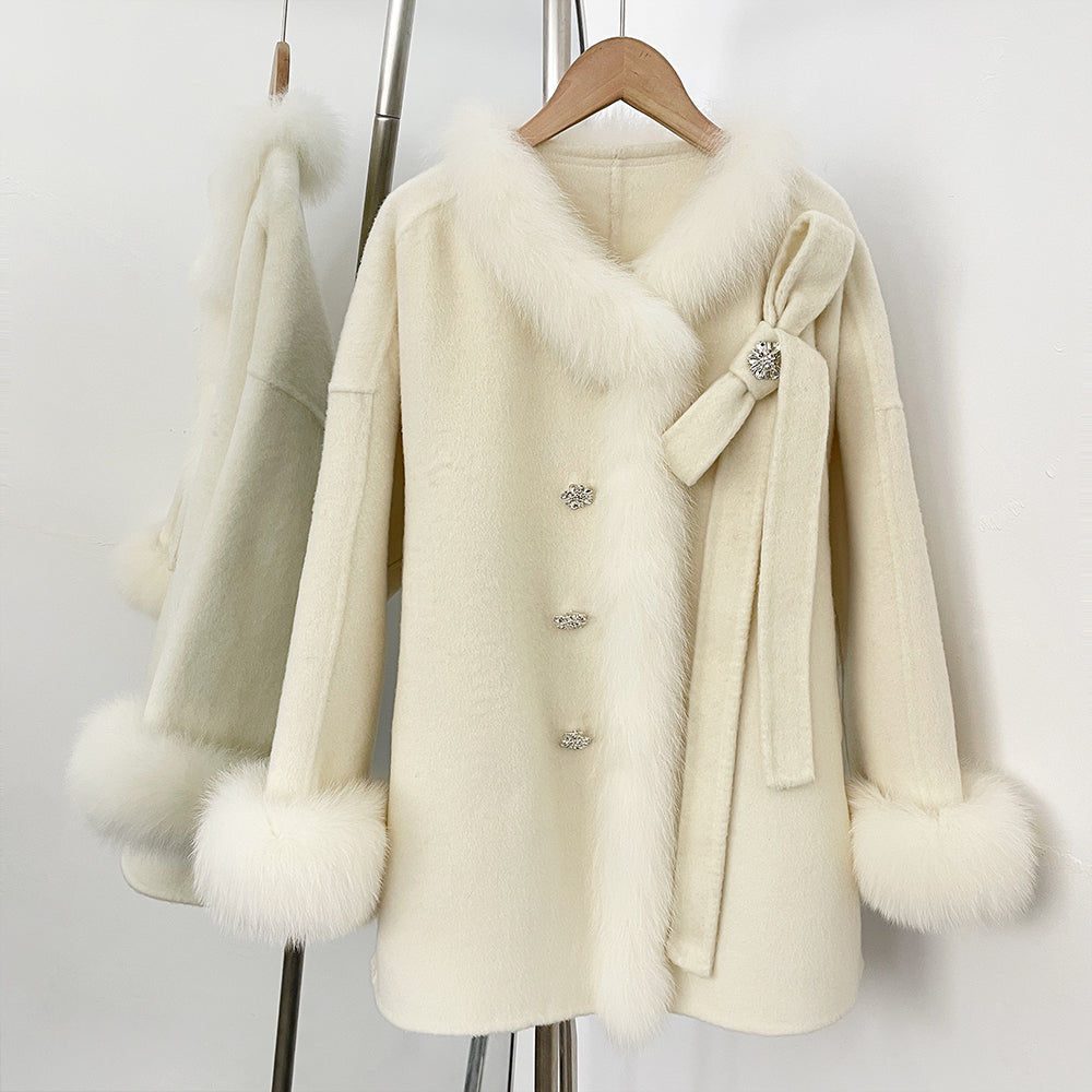 OFTBUY Trim Bow Detail Decorative Buttons Winter Elegant Woolen Outerwear New Women's Double Face Wool Coat with Real Fox Fur