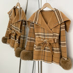 OFTBUY New Women's Double Face Wool Coat Plaid Pattern Real Fox Fur Cuffs Wide Collar Belted Waist Warm Winter Elegant Outerwear