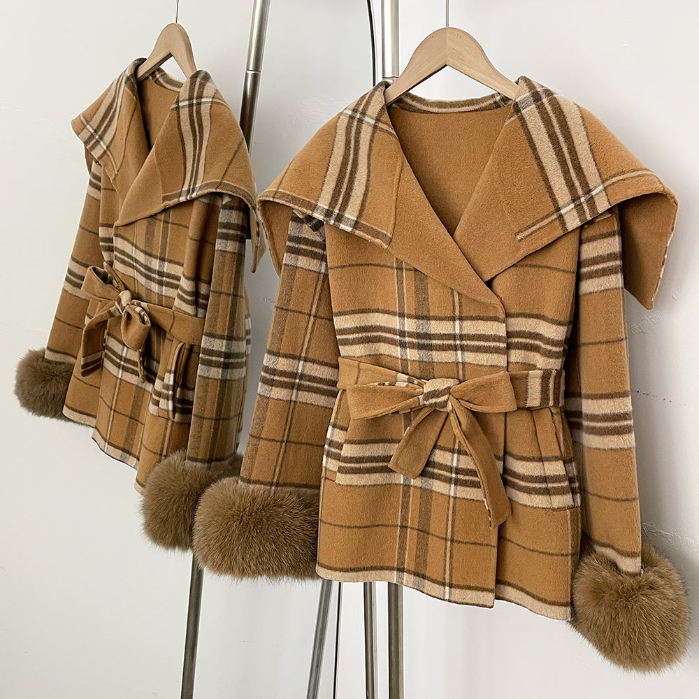 OFTBUY New Women's Double Face Wool Coat Plaid Pattern Real Fox Fur Cuffs Wide Collar Belted Waist Warm Winter Elegant Outerwear
