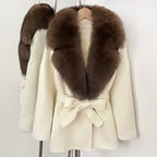 OFTBUY Belted Warm Winter Elegant Fashion Outerwear Lady New Women's Double-Faced Wool Coat with Large Real Fox Fur Collar Cuffs