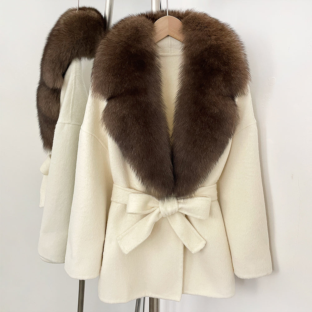 OFTBUY Belted Warm Winter Elegant Fashion Outerwear Lady New Women's Double-Faced Wool Coat with Large Real Fox Fur Collar Cuffs