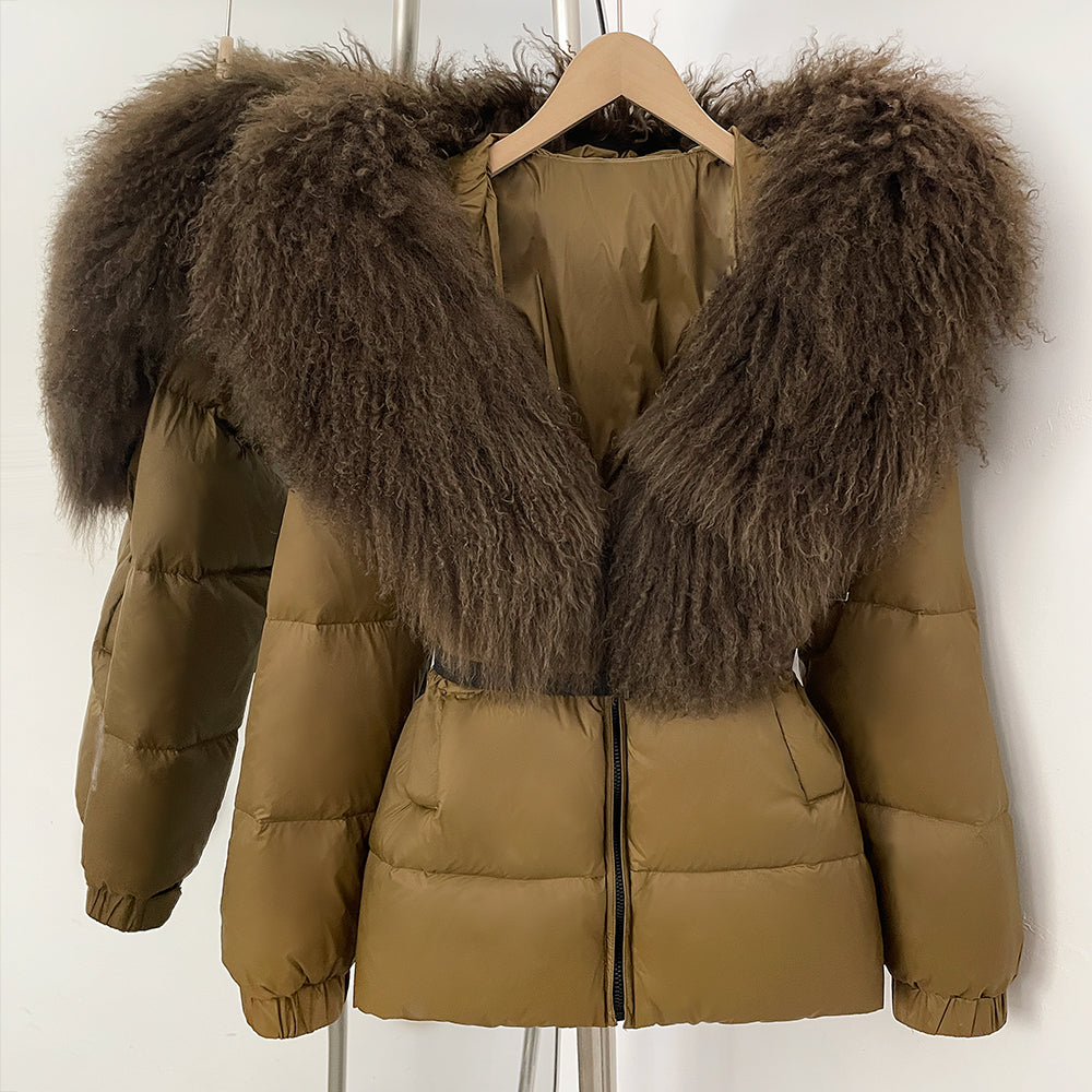 OFTBUY New Belted Luxury Warm Winter Women's Puffer Jacket with Real Mongolia Sheep Fur Collar Outerwear Duck Dowm Coat Female