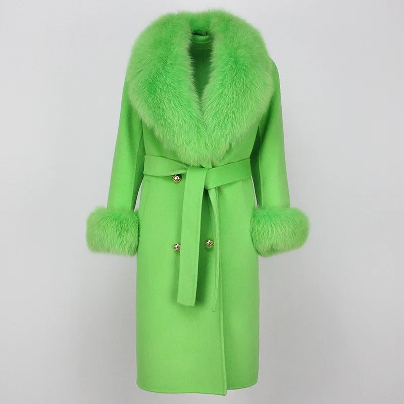 OFTBUY Winter Jacket Women Long Natural Wool Blends Cashmere Real Fur Coat Double Breasted Belt Warm Streetwear New Fashion
