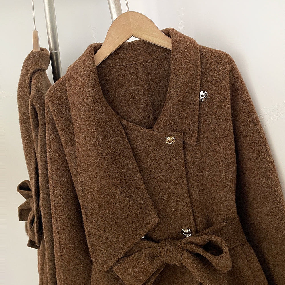 OFTBUY Gold Buttons Belted Bow Warm Winter Elegant Fashion Outerwear New Women's Double Face Wool Coat with Real Fox Fur Cuffs