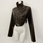 OFTBUY New Women's Faux Leather Cropped Jacket Stand Collar Asymmetric Hem Closure Streetwear Fashion Outerwear Clothing Female