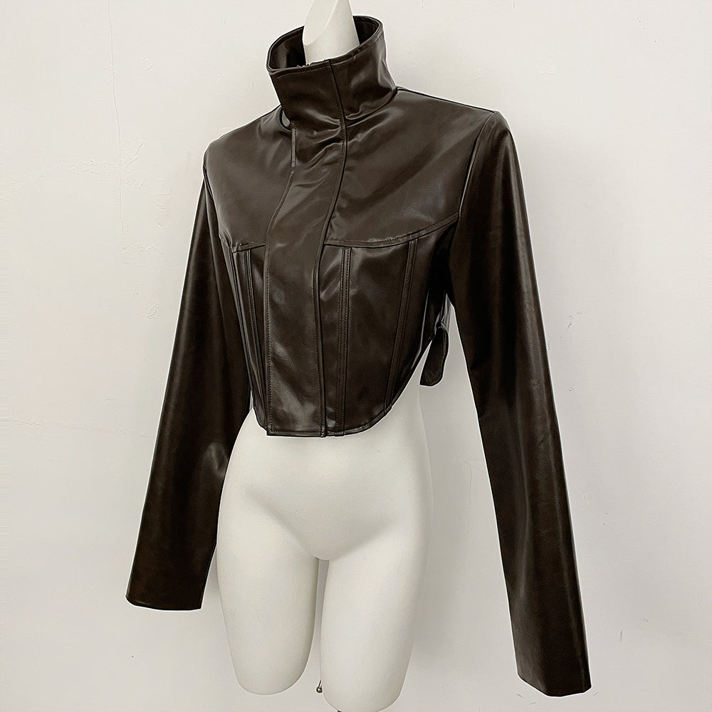 OFTBUY New Women's Faux Leather Cropped Jacket Stand Collar Asymmetric Hem Closure Streetwear Fashion Outerwear Clothing Female