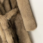 OFTBUY Luxury Long-Length Belted Faux Fur Coat - Premium Vegan Silver Fox Style Overcoat with Oversized Lapel
