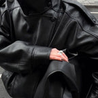 OFTBUY Womens Oversized Faux Leather Bomber Jacket