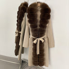 OFTBUY 2025 New Women's Knit Coat with Full Real Fox Fur Trim Belted Warm Winter Elegant Fashion Outerwear Female Long Sweater