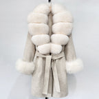 OFTBUY New Autumn Winter Top Clothes Women Belt Natural Fur Wool Coat Female Fashion Warm Woolen Jacket with Real Fox Fur Collar