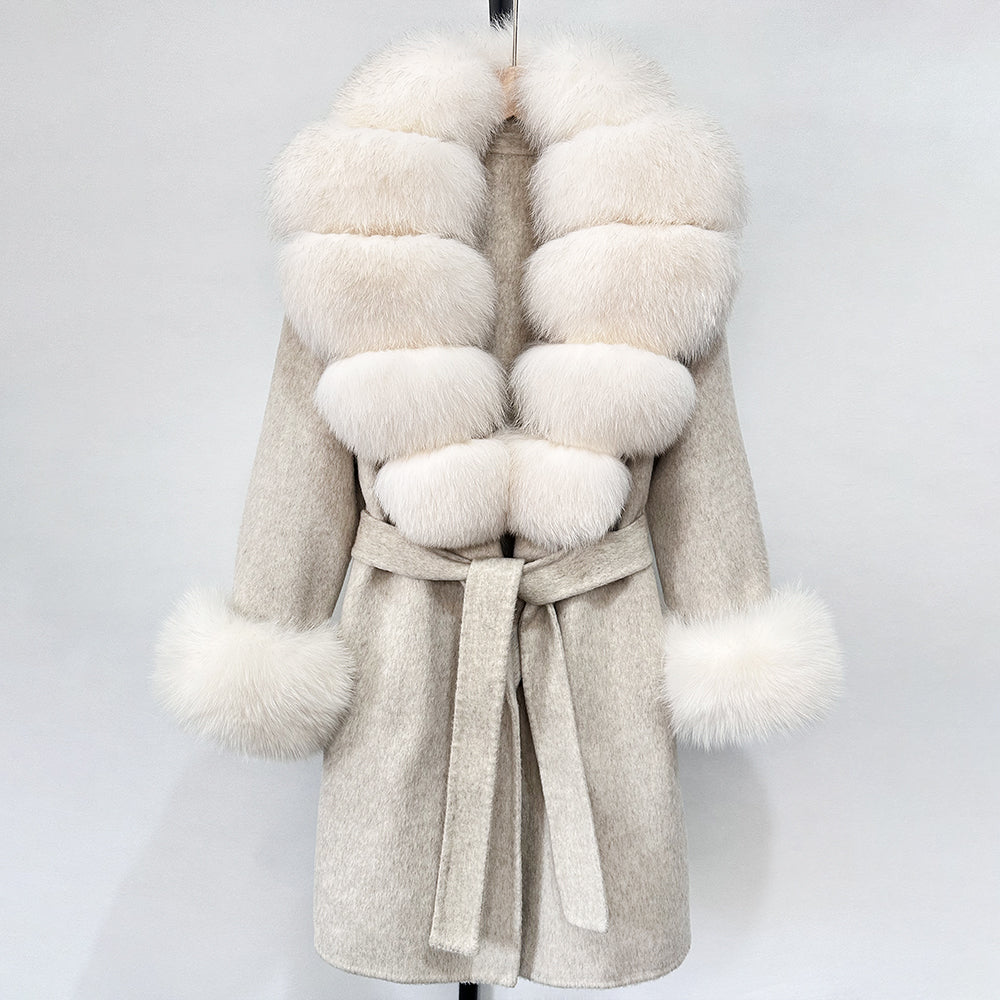 OFTBUY New Autumn Winter Top Clothes Women Belt Natural Fur Wool Coat Female Fashion Warm Woolen Jacket with Real Fox Fur Collar