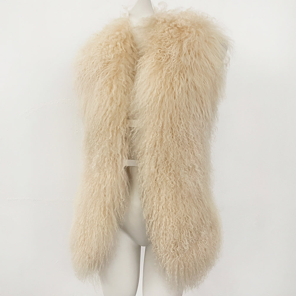 OFTBUY Solid Deep V-Neck Backless Bandage Sleeveless Jackets Fluffy Luxury Real Mongolian Fur Halter Vests Women Outerwear Coat