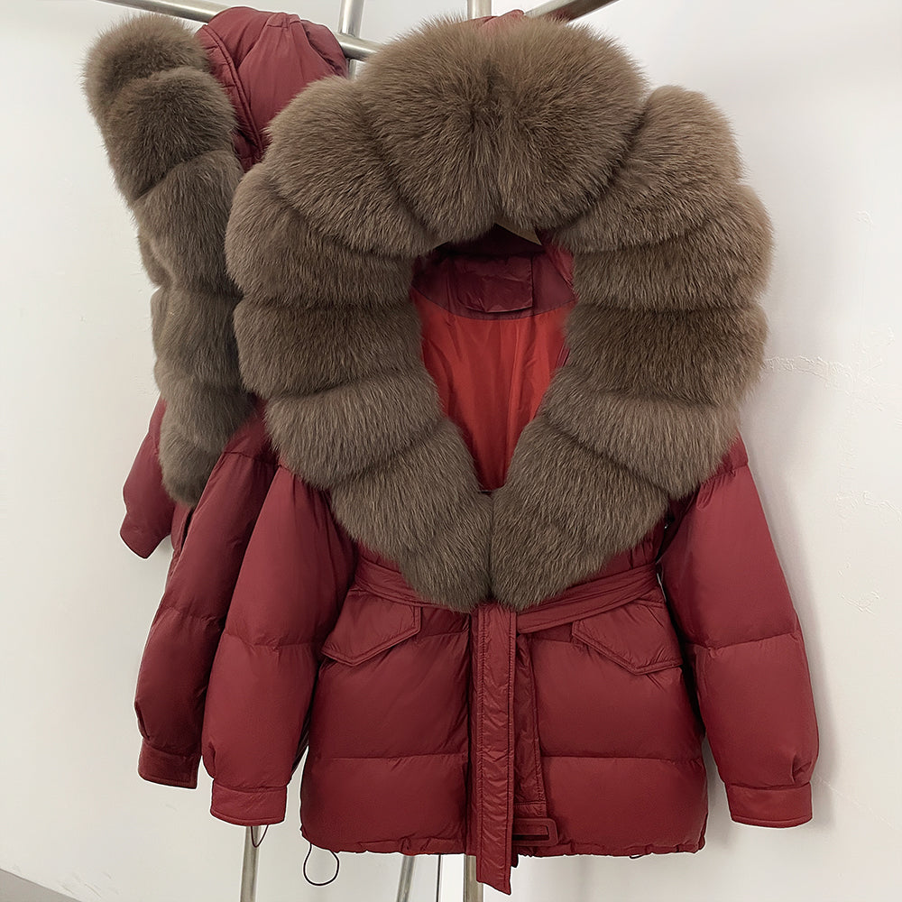 OFTBUY Thick Warm Mid-Long Puffer Coat Real Fox Fur Collar White Duck Down Coat Female Loose Warm Hooded Parkas With Belt