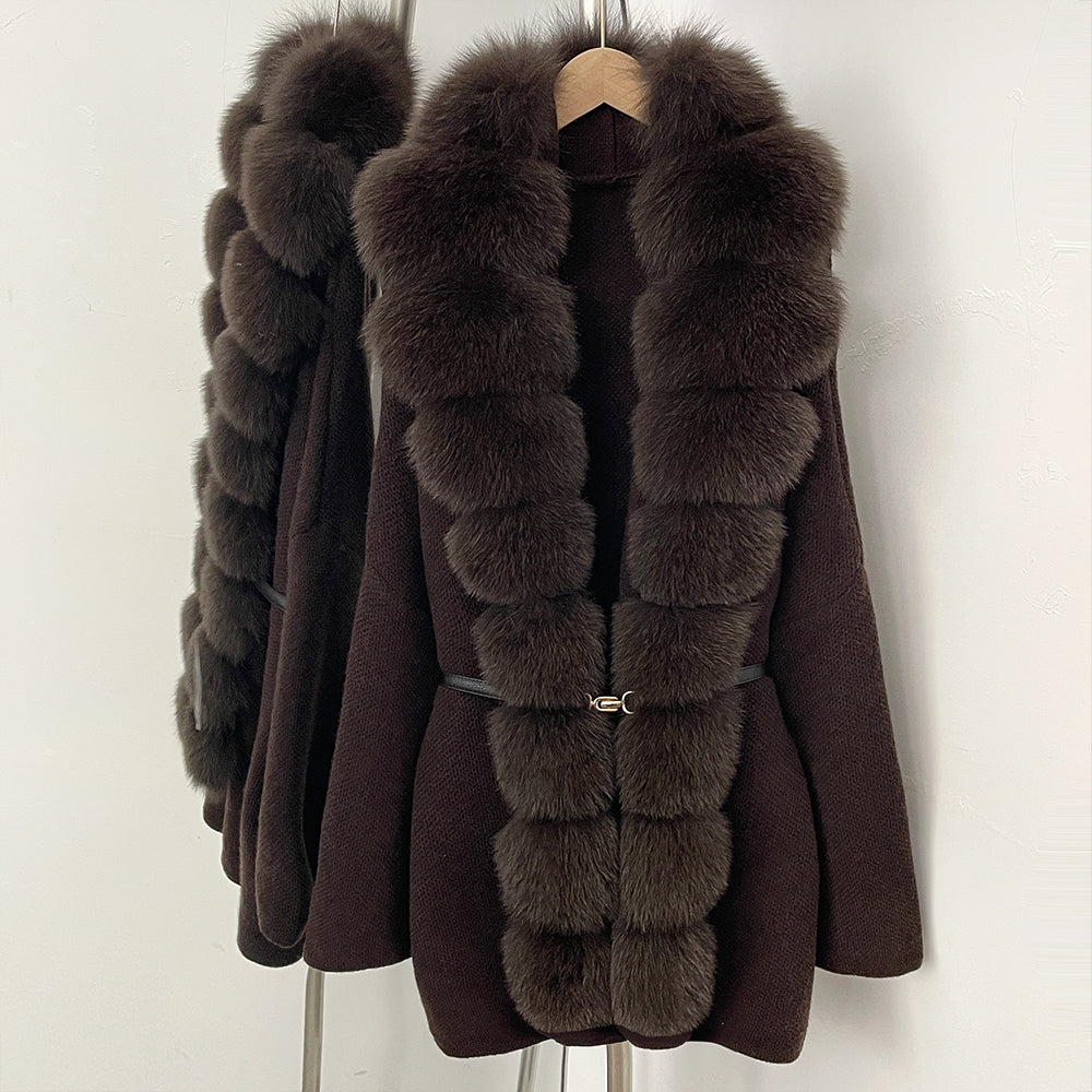 OFTBUY Metal Belt Knit Warm Winter Luxury Fashion Outerwear Sweater Cardigan New Women's Knit Coat with Full Real Fox Fur Front