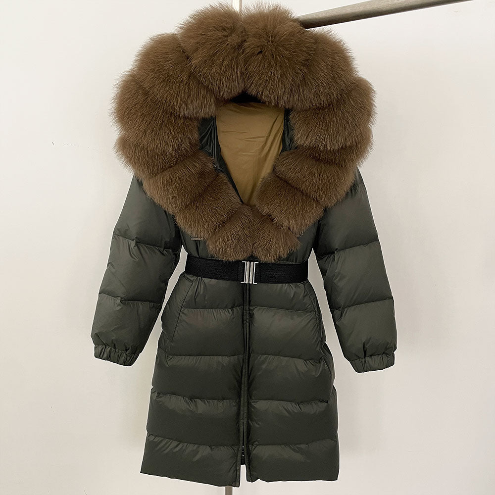 OFTBUY New Natural Thick Warm Duck Down Coat Female Long Winter Jacket Women Real Big Fox Fur Collar Belt Loose Puffer Parka