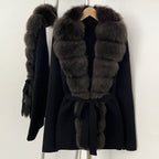 OFTBUY Luxury Warm Winter Fashion Outerwear New Women's Knit Cardigan with Oversized Real Fox Fur Trim Self-Tie Belt Sweater