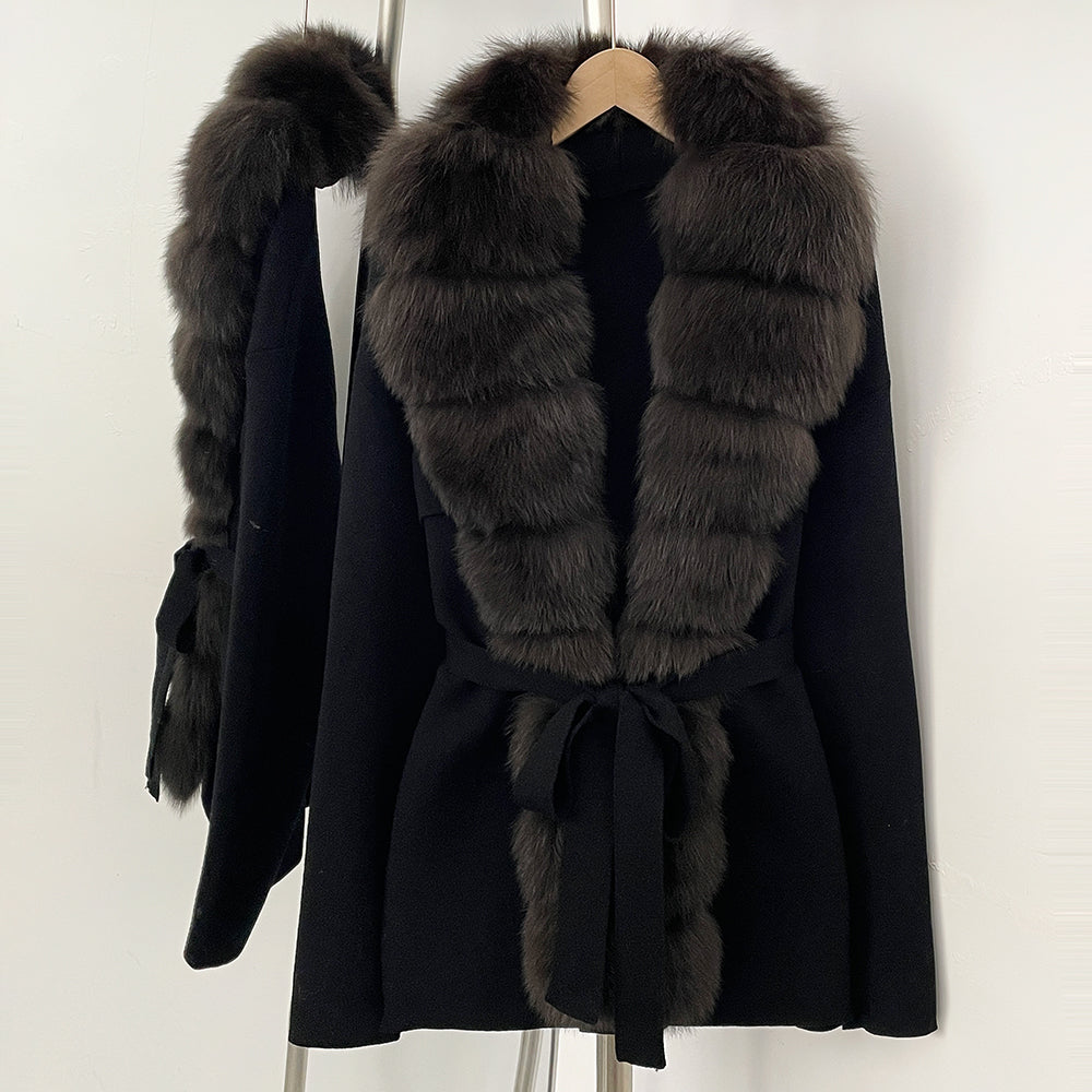 OFTBUY Luxury Warm Winter Fashion Outerwear New Women's Knit Cardigan with Oversized Real Fox Fur Trim Self-Tie Belt Sweater