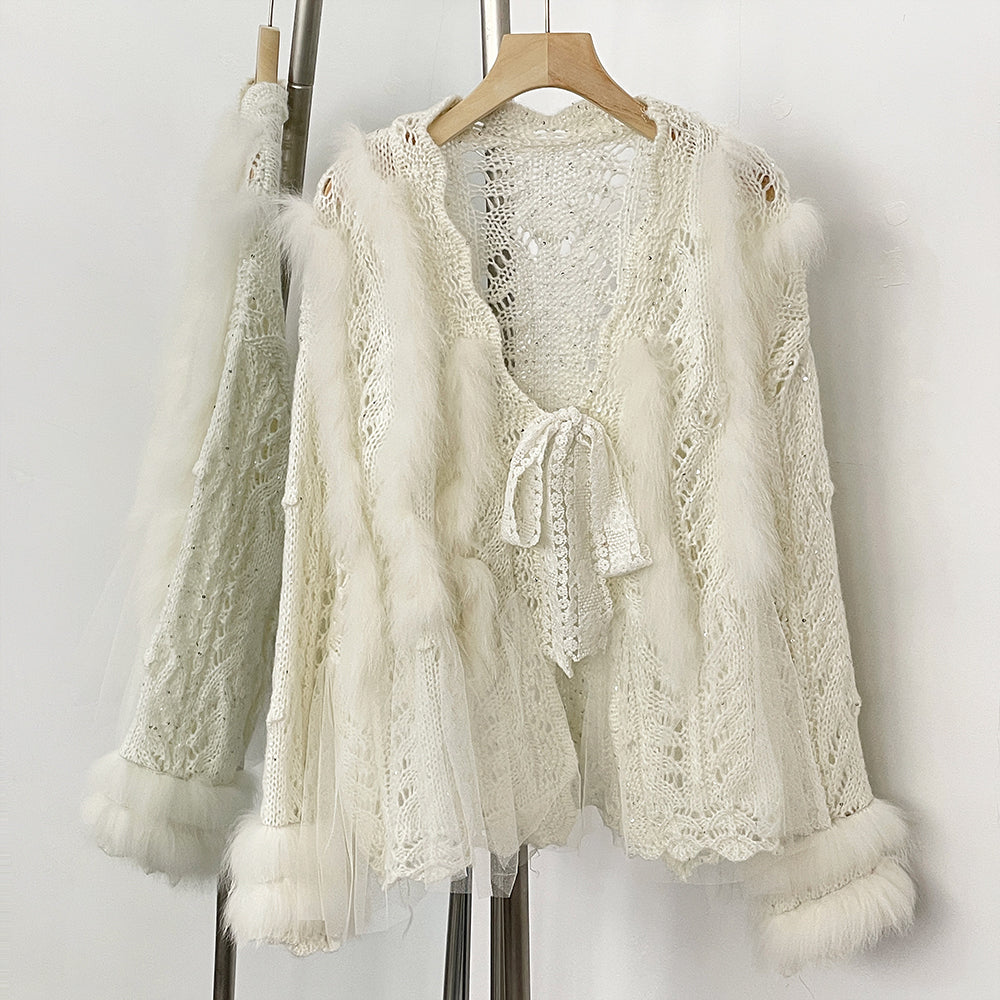 OFTBUY Sexy Hollow Loose V-neck Knitted Jacket Real Fox Fur Cardigan Sweater Female New Spring Autumn Lace Top Clothes Women