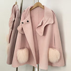 OFTBUY  New Women's Wool Cape Coat with Large Bow Detail Real Fox Fur Pockets Button Closure Winter Elegant Fashion Outerwear