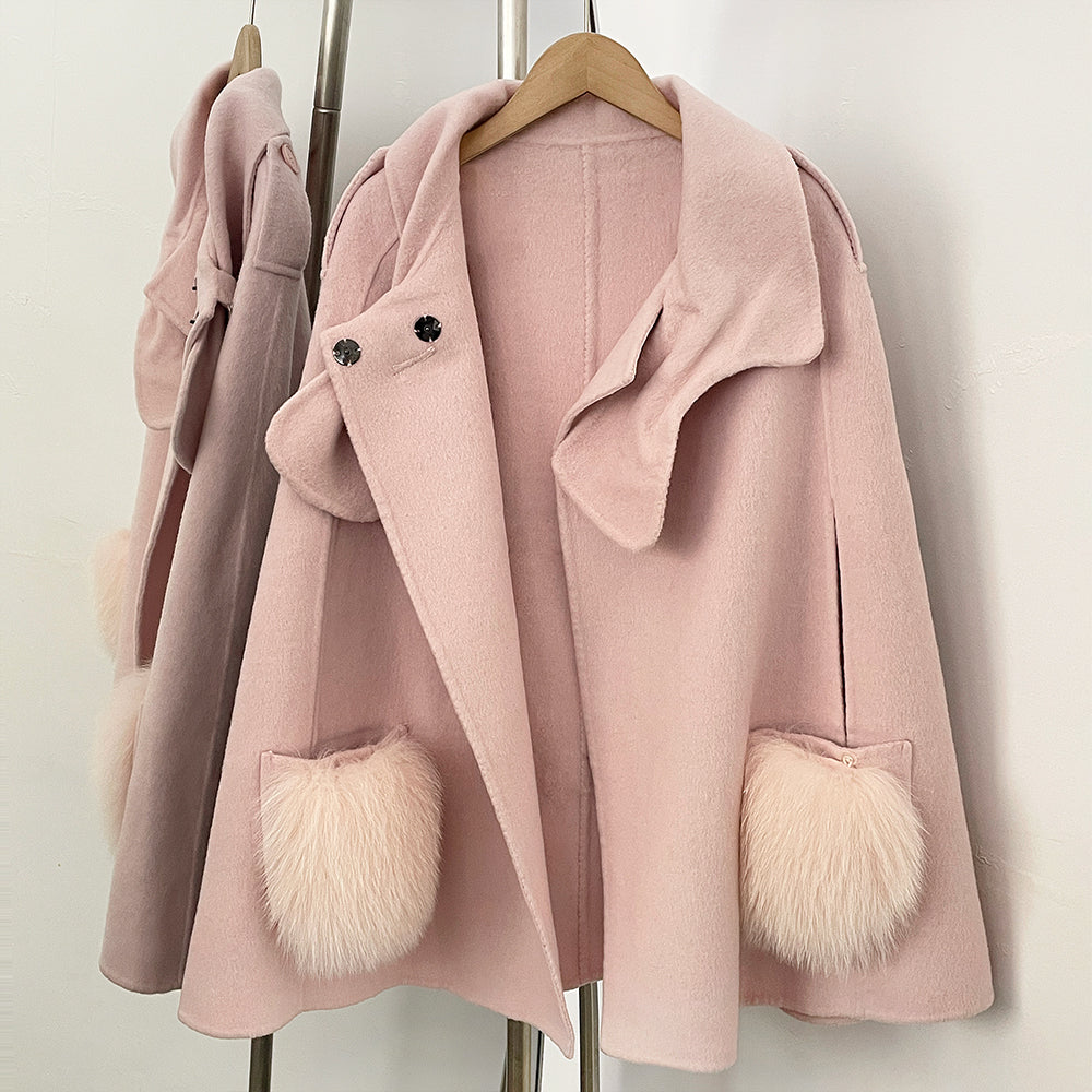 OFTBUY  New Women's Wool Cape Coat with Large Bow Detail Real Fox Fur Pockets Button Closure Winter Elegant Fashion Outerwear