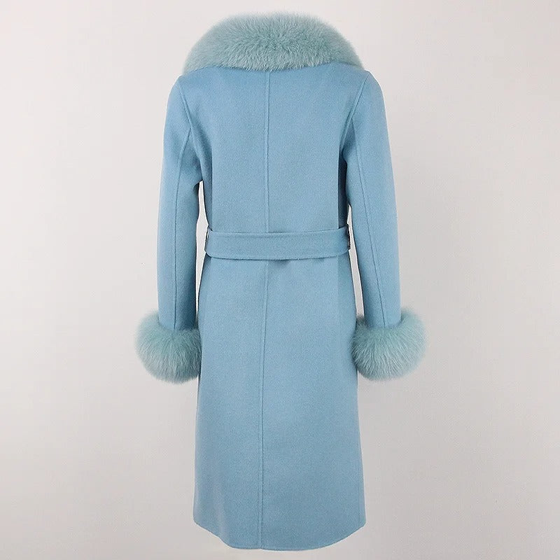 OFTBUY Winter Jacket Women Long Natural Wool Blends Cashmere Real Fur Coat Double Breasted Belt Warm Streetwear New Fashion