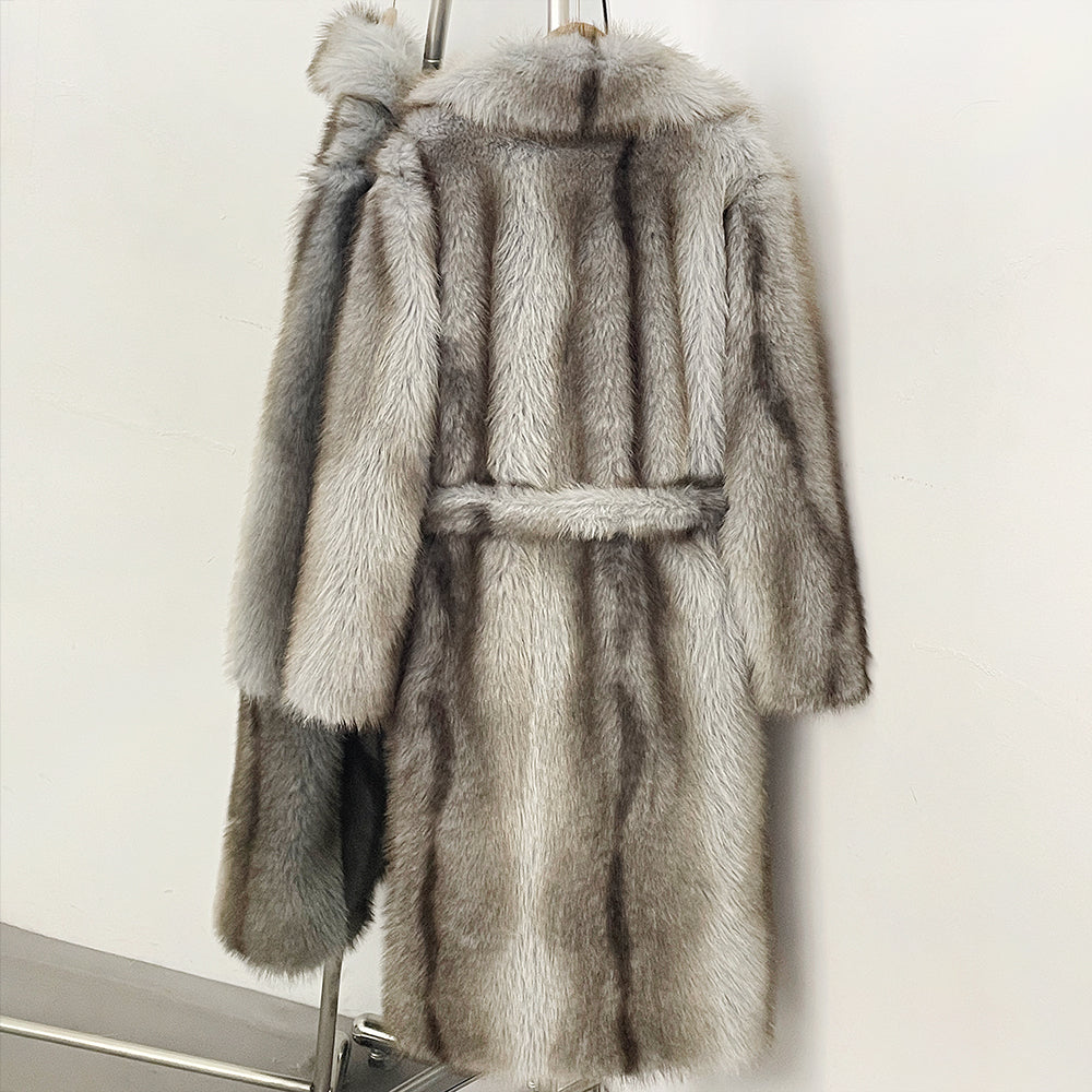 OFTBUY Luxury Long-Length Belted Faux Fur Coat - Premium Vegan Silver Fox Style Overcoat with Oversized Lapel