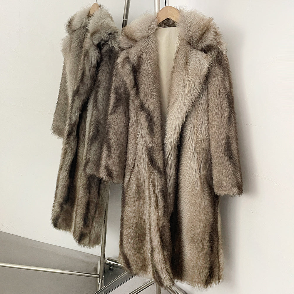 OFTBUY Luxury Long-Line Notch Lapel Faux Fur Coat - Elegant Winter Vegan Fur Overcoat